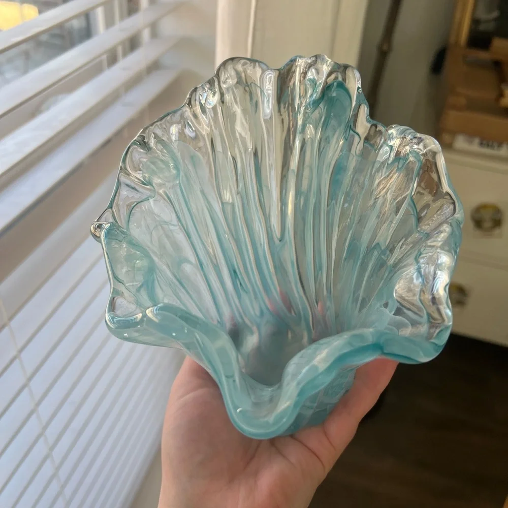 Murano Hand Blown Italian Glass Vase. Blue / Clear. Water Vase. Made In Italy - Picture 8 of 11